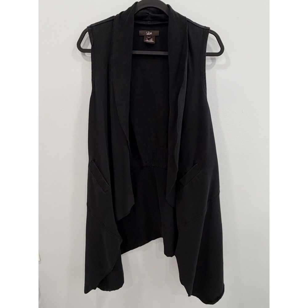 Luii Black Long Vest Large Cotton Spandex Open Front Draped Boho Duster